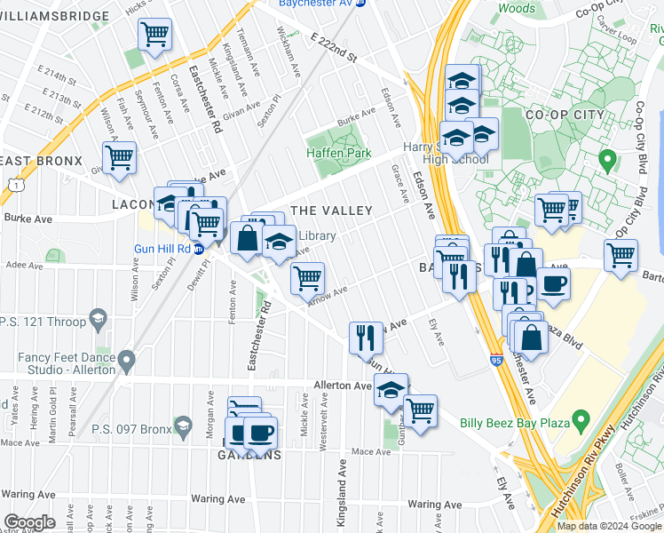 map of restaurants, bars, coffee shops, grocery stores, and more near Tiemann Avenue in Bronx