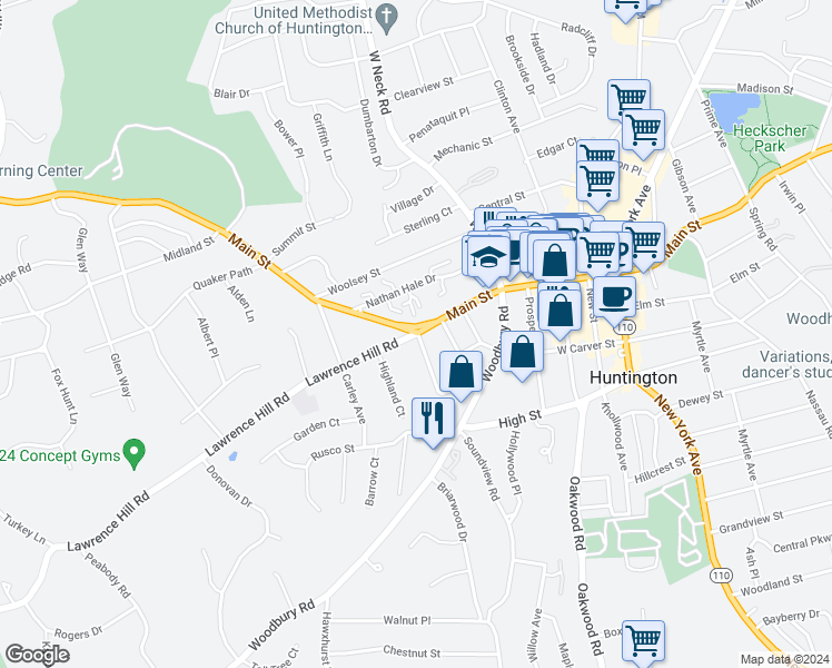 map of restaurants, bars, coffee shops, grocery stores, and more near 1 Lawrence Hill Road in Huntington