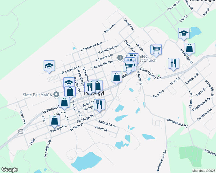 map of restaurants, bars, coffee shops, grocery stores, and more near 104 East Pennsylvania Avenue in Pen Argyl