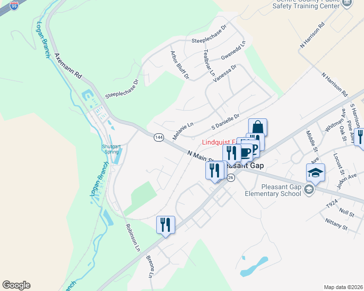 map of restaurants, bars, coffee shops, grocery stores, and more near 225 North Main Street in Pleasant Gap