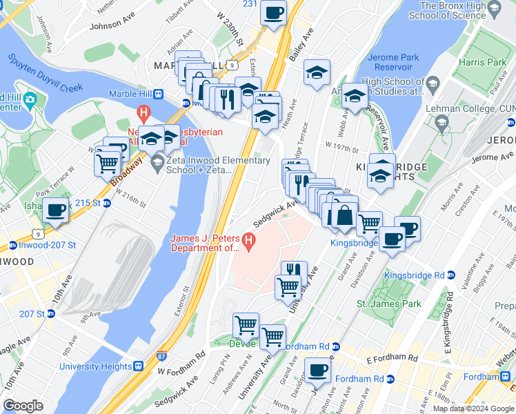 map of restaurants, bars, coffee shops, grocery stores, and more near 2630 Heath Avenue in Bronx