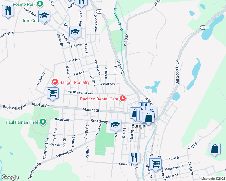 map of restaurants, bars, coffee shops, grocery stores, and more near 407 Pennsylvania Avenue in Roseto