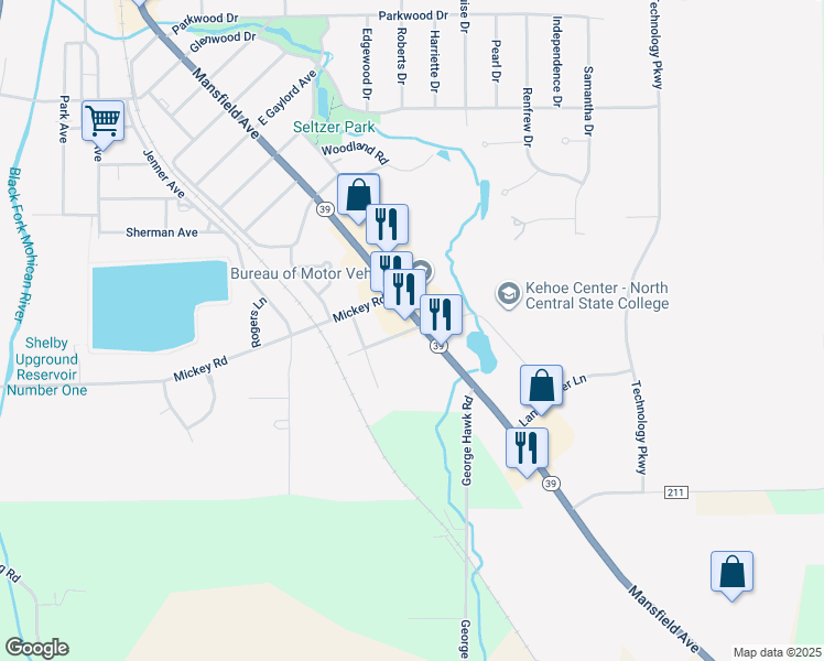 map of restaurants, bars, coffee shops, grocery stores, and more near 18 Seneca Drive in Shelby