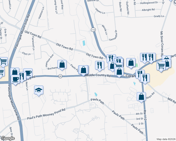 map of restaurants, bars, coffee shops, grocery stores, and more near 463 Middle Country Road in Coram