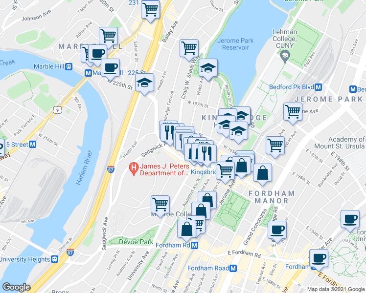 map of restaurants, bars, coffee shops, grocery stores, and more near Webb Ave & Eames Pl in Bronx