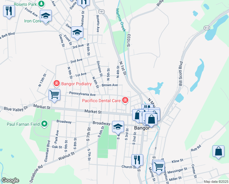 map of restaurants, bars, coffee shops, grocery stores, and more near 413 Pennsylvania Avenue in Roseto