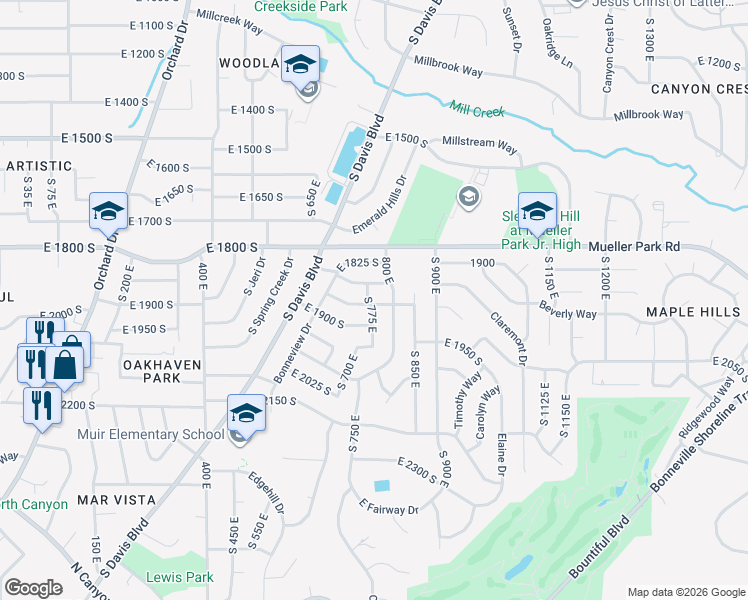map of restaurants, bars, coffee shops, grocery stores, and more near 1884 South 775 East in Bountiful