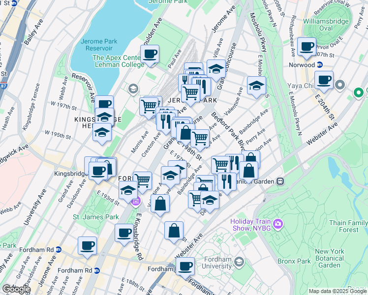 map of restaurants, bars, coffee shops, grocery stores, and more near 2834 Valentine Avenue in Bronx