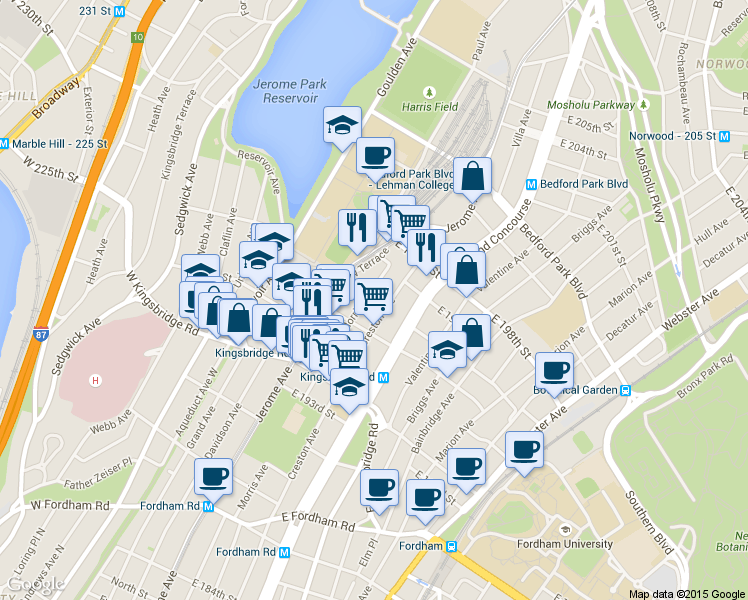 map of restaurants, bars, coffee shops, grocery stores, and more near 2758 Morris Avenue in Bronx
