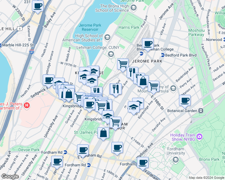 map of restaurants, bars, coffee shops, grocery stores, and more near 2758 Morris Avenue in Bronx
