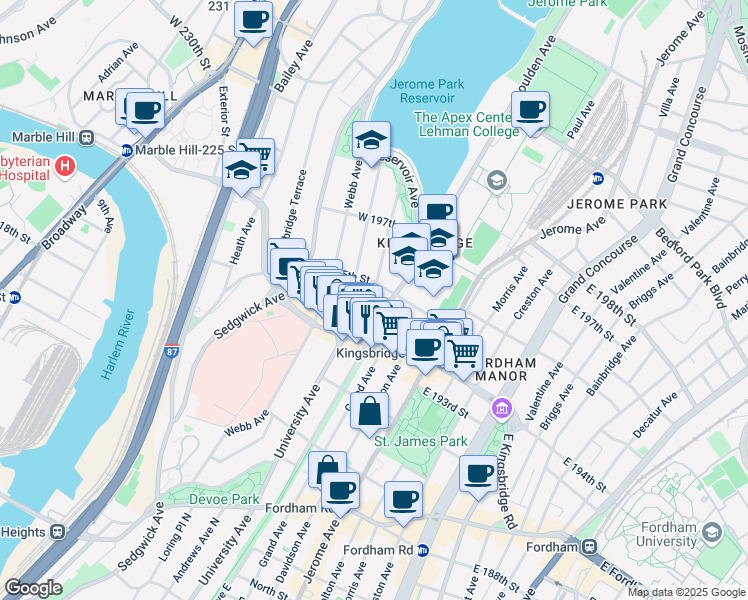 map of restaurants, bars, coffee shops, grocery stores, and more near in The Bronx