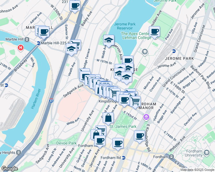 map of restaurants, bars, coffee shops, grocery stores, and more near in The Bronx