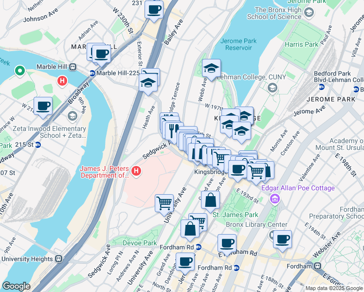 map of restaurants, bars, coffee shops, grocery stores, and more near in The Bronx