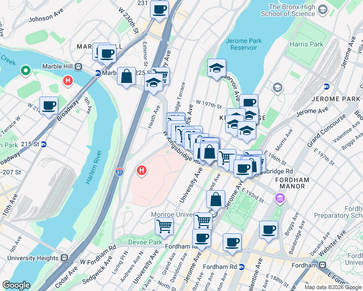 map of restaurants, bars, coffee shops, grocery stores, and more near in The Bronx