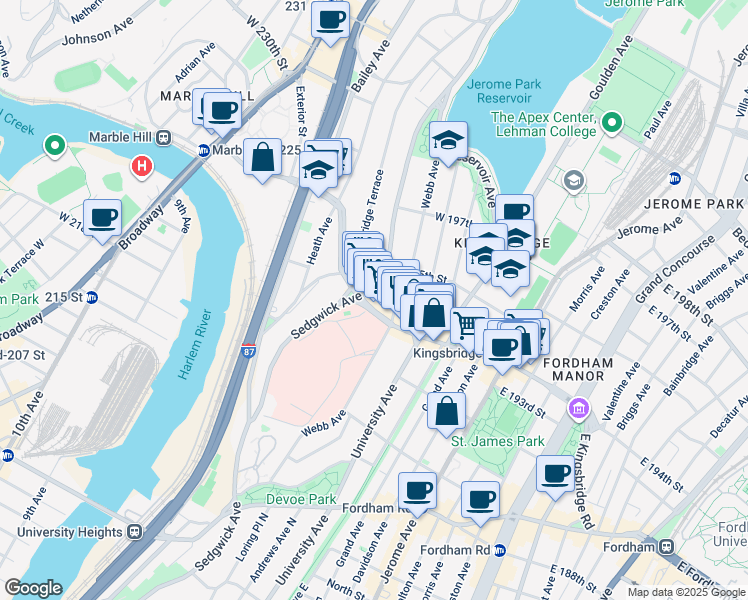 map of restaurants, bars, coffee shops, grocery stores, and more near in The Bronx