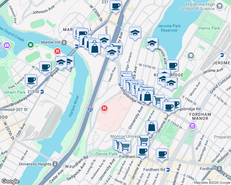 map of restaurants, bars, coffee shops, grocery stores, and more near 130 West Kingsbridge Road in The Bronx