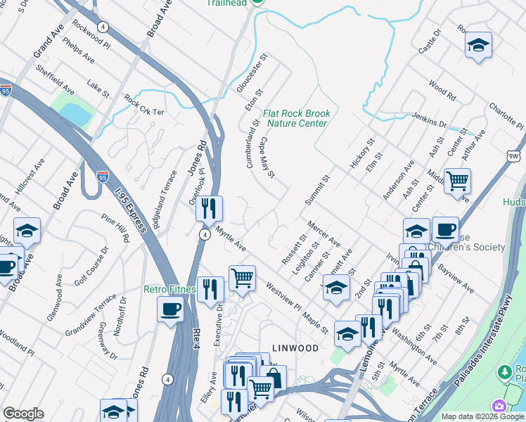 map of restaurants, bars, coffee shops, grocery stores, and more near 19 Oak Trail Road in Englewood