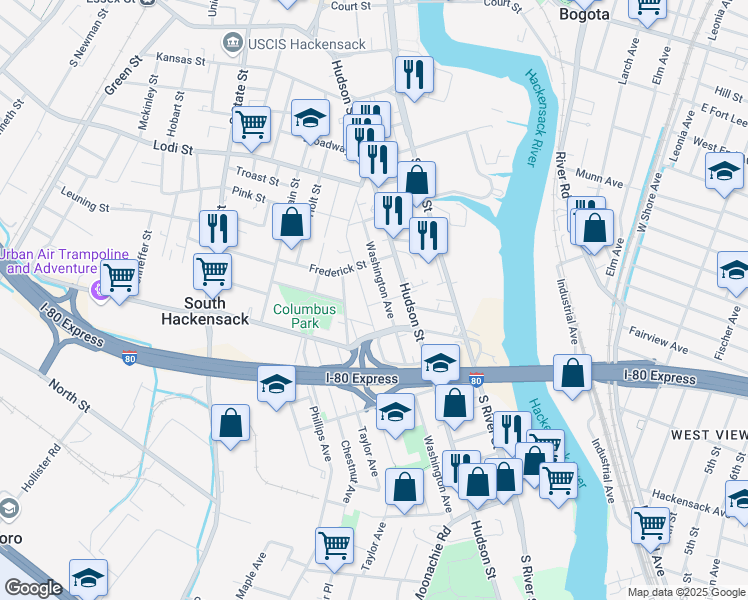 map of restaurants, bars, coffee shops, grocery stores, and more near 301 Washington Avenue in Hackensack