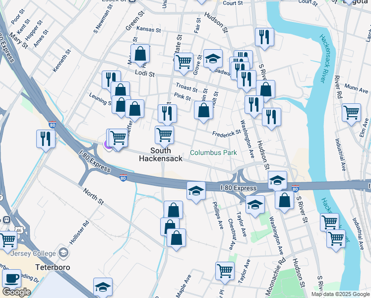 map of restaurants, bars, coffee shops, grocery stores, and more near 40 East Wesley Street in South Hackensack