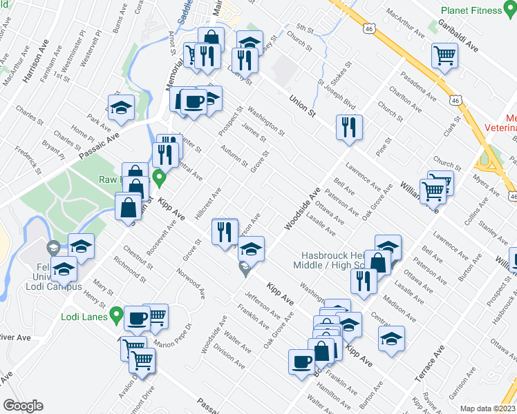 map of restaurants, bars, coffee shops, grocery stores, and more near 135 Central Avenue in Lodi
