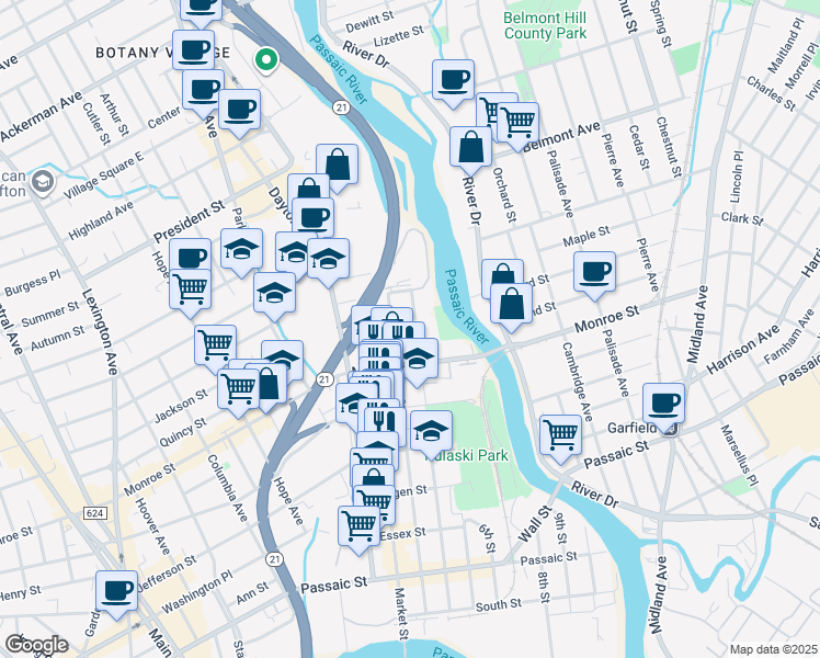 map of restaurants, bars, coffee shops, grocery stores, and more near 205 3rd Street in Passaic