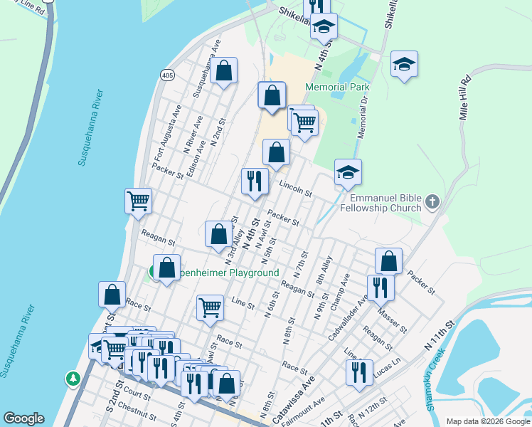 map of restaurants, bars, coffee shops, grocery stores, and more near 700 North 4th Street in Sunbury