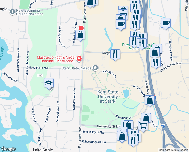 map of restaurants, bars, coffee shops, grocery stores, and more near 6000 Frank Avenue Northwest in North Canton
