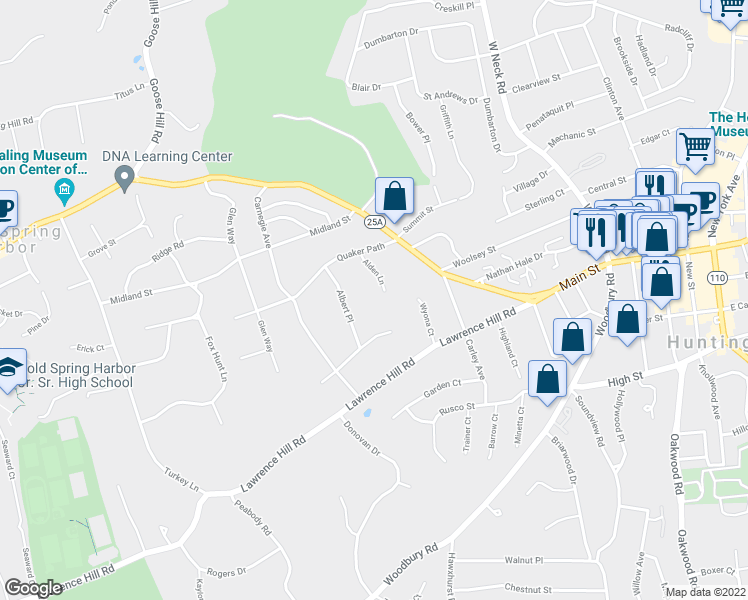 map of restaurants, bars, coffee shops, grocery stores, and more near 11 Alden Lane in Huntington
