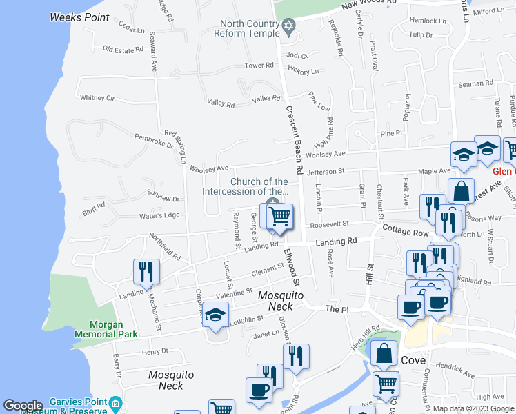 map of restaurants, bars, coffee shops, grocery stores, and more near North Street in Glen Cove