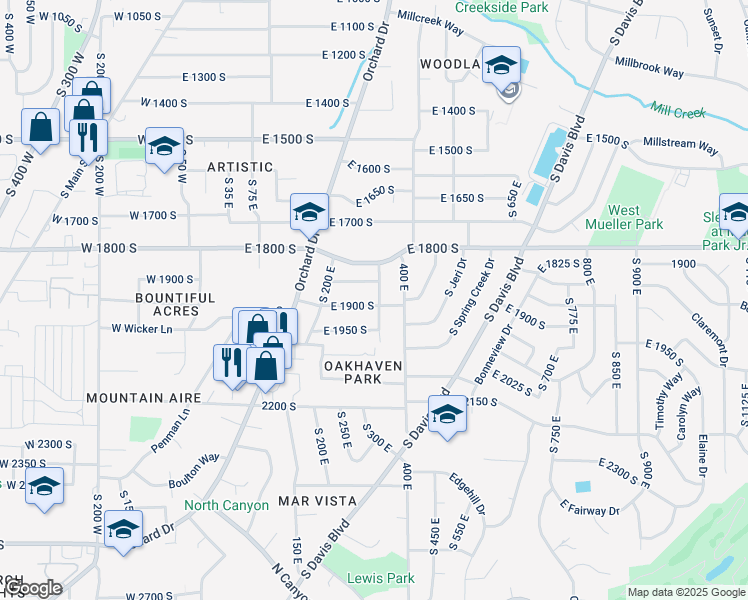 map of restaurants, bars, coffee shops, grocery stores, and more near 331 East 1900 South in Bountiful