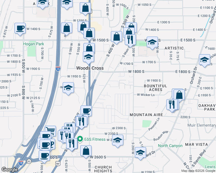 map of restaurants, bars, coffee shops, grocery stores, and more near 1925 South Main Street in Bountiful
