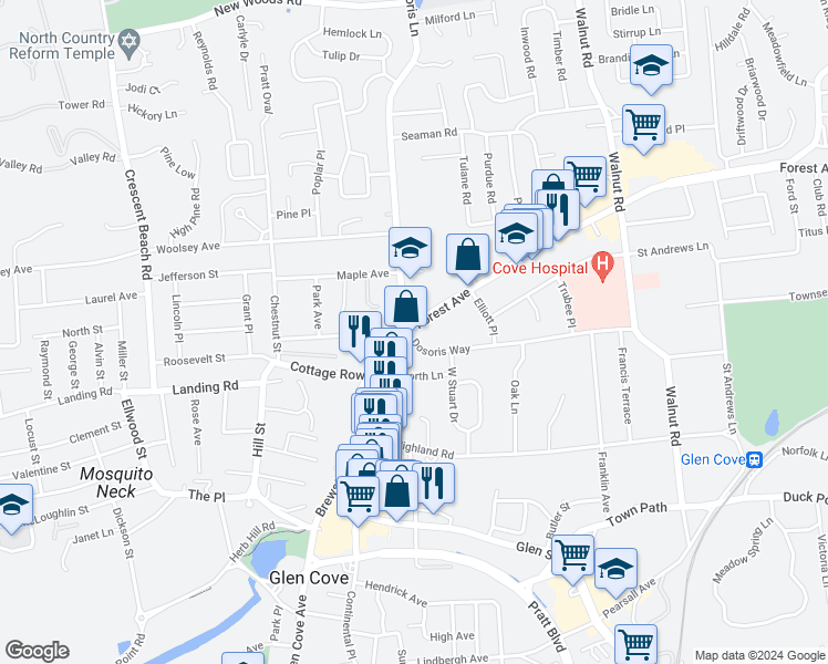 map of restaurants, bars, coffee shops, grocery stores, and more near 2 Forest Avenue in Glen Cove
