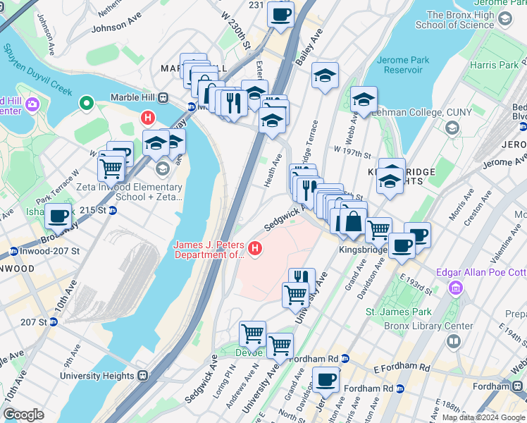 map of restaurants, bars, coffee shops, grocery stores, and more near 2630 Heath Avenue in Bronx