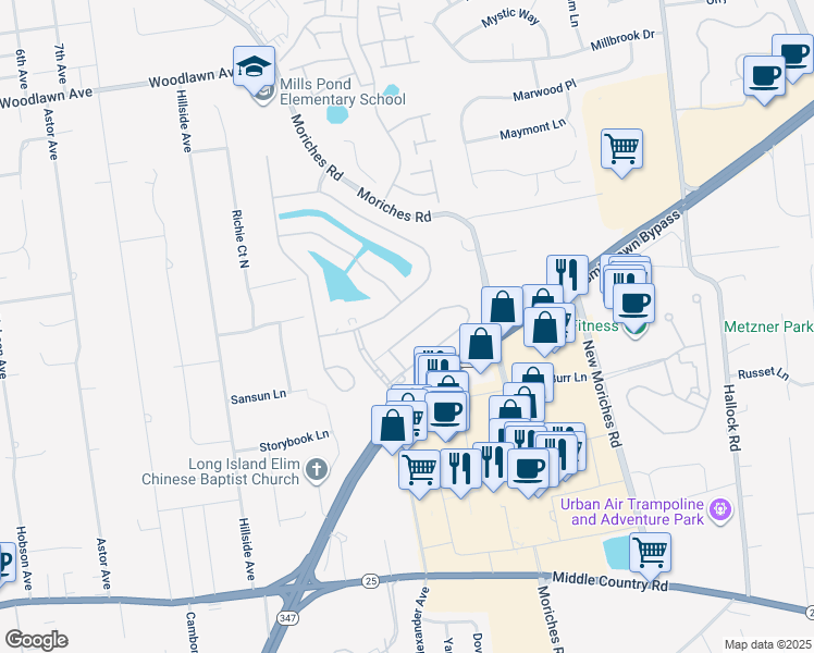 map of restaurants, bars, coffee shops, grocery stores, and more near 39 Country Woods Drive in Saint James