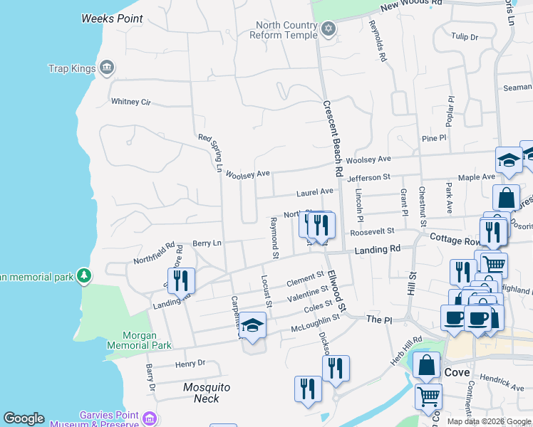 map of restaurants, bars, coffee shops, grocery stores, and more near 18 Raymond Street in Glen Cove
