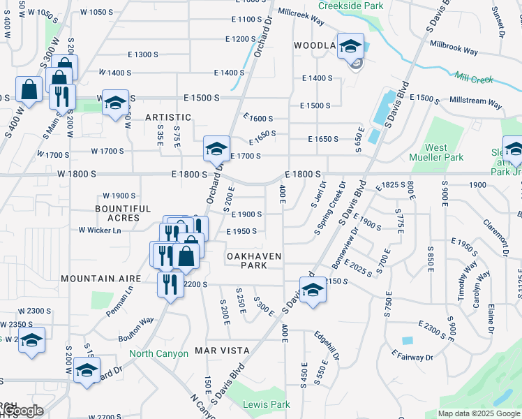 map of restaurants, bars, coffee shops, grocery stores, and more near 331 East 1900 South in Bountiful