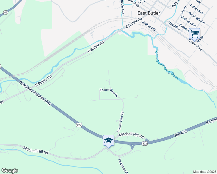map of restaurants, bars, coffee shops, grocery stores, and more near 139 Tower View Drive in Butler