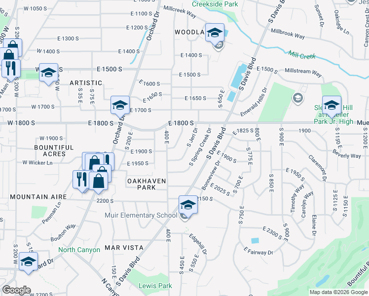 map of restaurants, bars, coffee shops, grocery stores, and more near 1886 South Jeri Drive in Bountiful