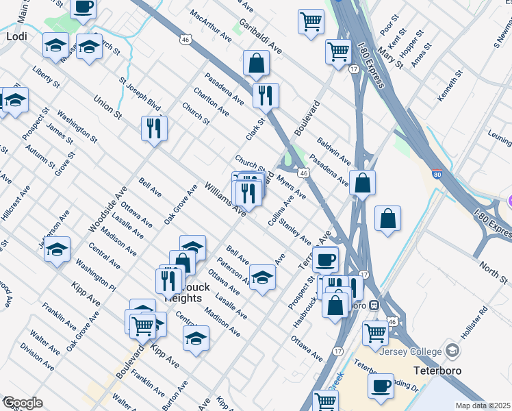 map of restaurants, bars, coffee shops, grocery stores, and more near 215 Williams Avenue in Hasbrouck Heights