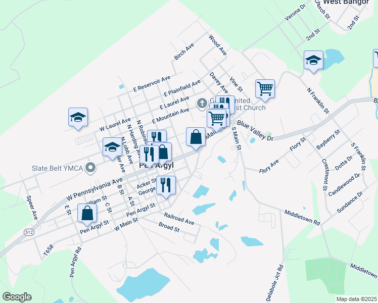 map of restaurants, bars, coffee shops, grocery stores, and more near 215 East Pennsylvania Avenue in Pen Argyl