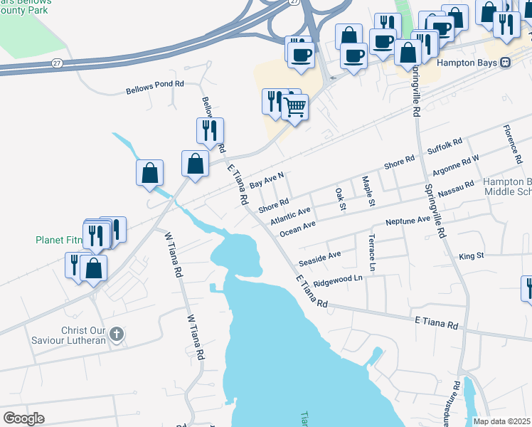 map of restaurants, bars, coffee shops, grocery stores, and more near 91 Shore Road in Hampton Bays