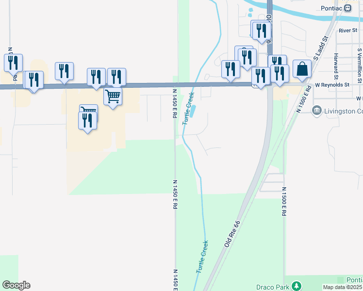 map of restaurants, bars, coffee shops, grocery stores, and more near 1004 North 1450 East Road in Pontiac