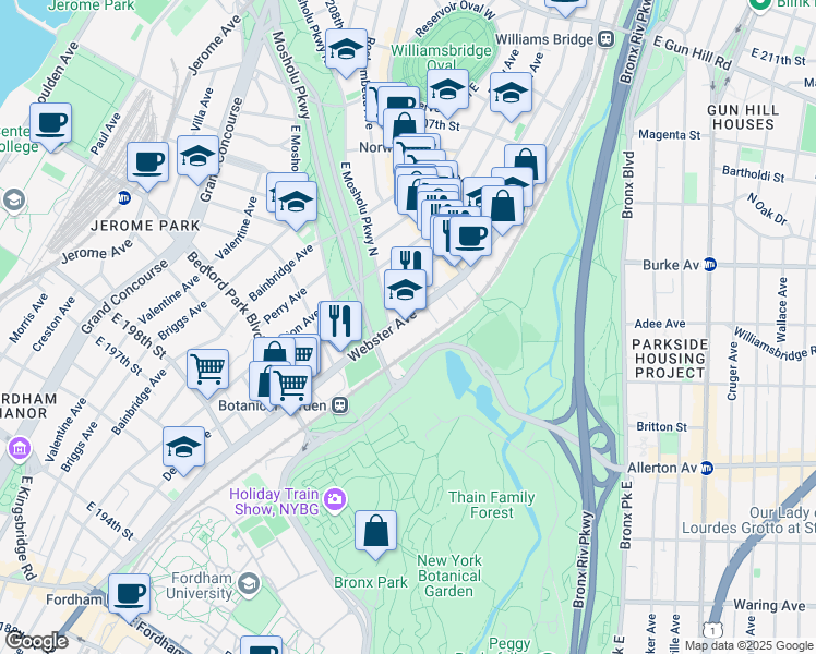 map of restaurants, bars, coffee shops, grocery stores, and more near 3050 Webster Avenue in The Bronx