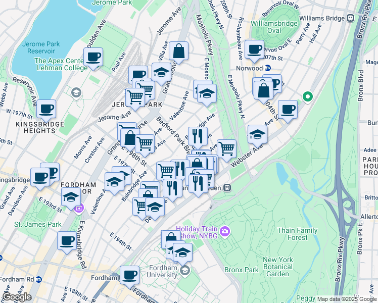 map of restaurants, bars, coffee shops, grocery stores, and more near Bedford Park Blvd & Perry Ave in Bronx
