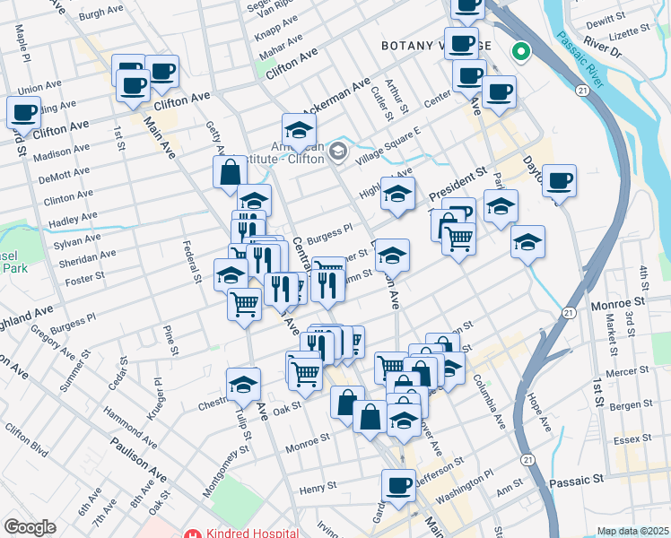 map of restaurants, bars, coffee shops, grocery stores, and more near 153 Autumn Street in Passaic