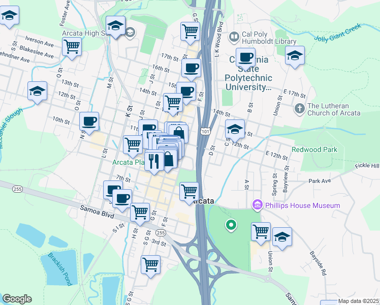 map of restaurants, bars, coffee shops, grocery stores, and more near 925 E Street in Arcata