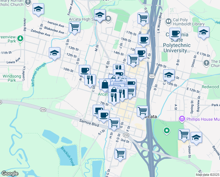 map of restaurants, bars, coffee shops, grocery stores, and more near 811 I Street in Arcata
