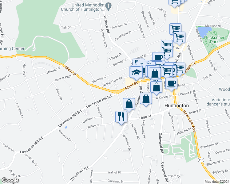 map of restaurants, bars, coffee shops, grocery stores, and more near 2 Lawrence Hill Road in Huntington