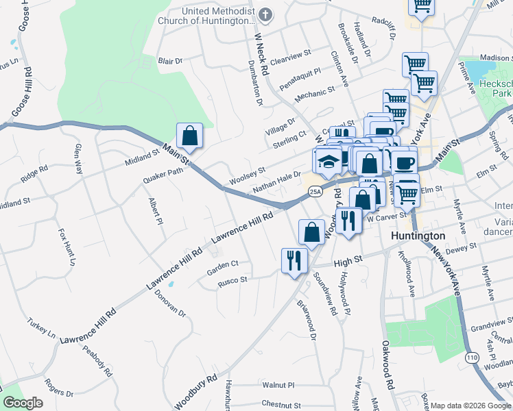 map of restaurants, bars, coffee shops, grocery stores, and more near 19 Lawrence Hill Road in Huntington