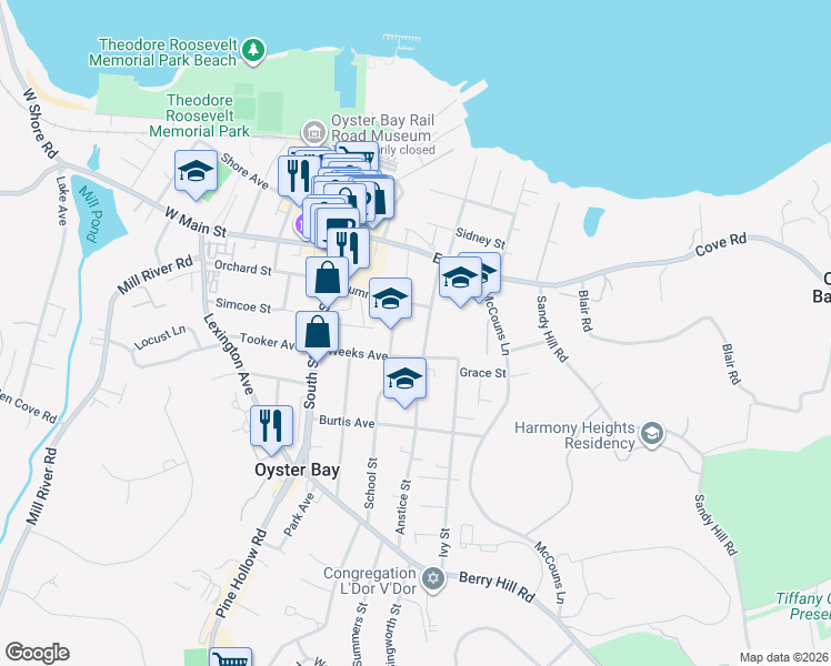 map of restaurants, bars, coffee shops, grocery stores, and more near 85 Anstice Street in Oyster Bay